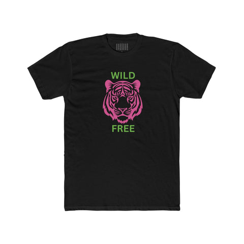 Black cotton tee with neon pink tiger graphic and green "WILD FREE" text, unisex crew neck shirt.