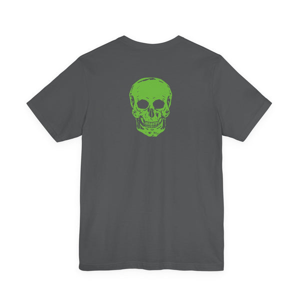 Dark gray designer skull t-shirt with bold green skull graphic printed on the back.