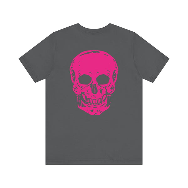 Gray punk rock tee with bold large pink skull graphic on the back designed for street and stage wear.