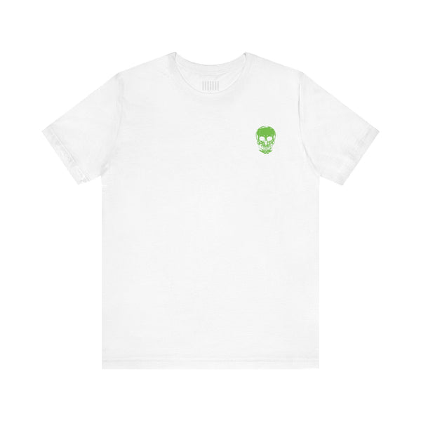 White tee with green mini skull front print for music festival fashion