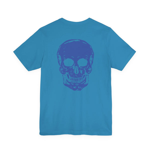 Blue graphic tee with jumbo blue skull design on back