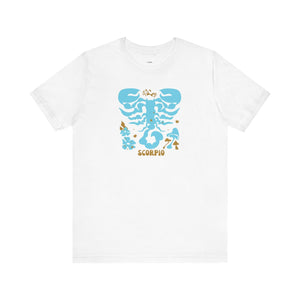 White unisex t-shirt with aqua-blue Scorpio scorpion graphic and mystical floral and mushroom accents by Fugitive Tees