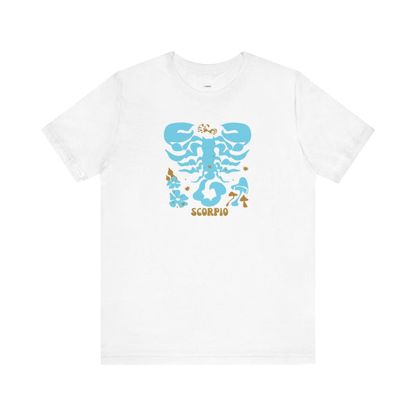 White unisex t-shirt with aqua-blue Scorpio scorpion graphic and mystical floral and mushroom accents by Fugitive Tees