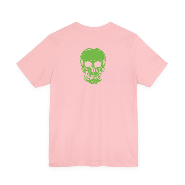 Pink designer streetwear t-shirt with bold green skull print on the back