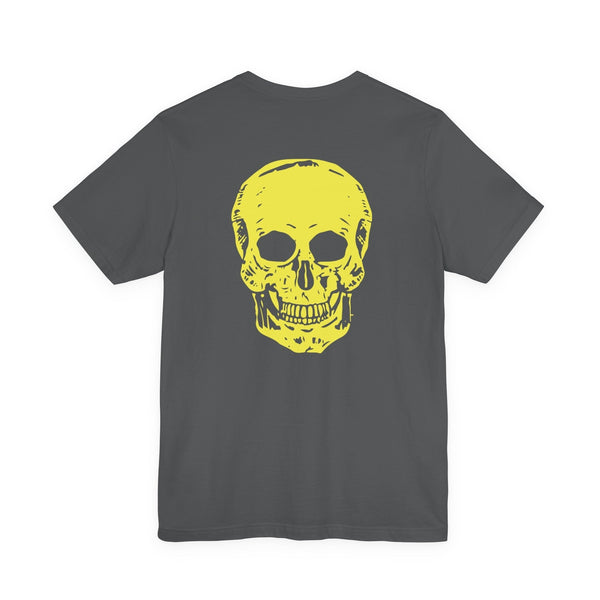 Dark gray underground style t-shirt with a small skull print on the front and a large yellow skull graphic on the back.