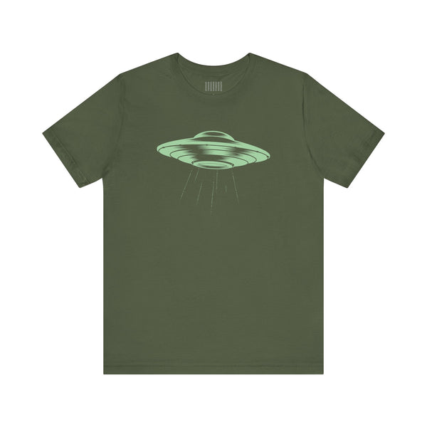 Celadon green unisex t-shirt featuring retro mid-century flying saucer UFO graphic with beam light, made from soft