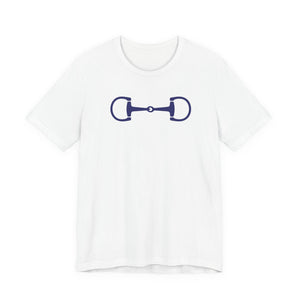 Stylish Equestrian White T-shirt with navy blue horse bit graphic on front, casual cotton tee with ribbed collar and side seams.