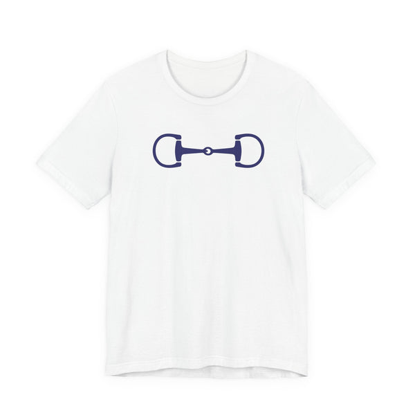 Stylish Equestrian White T-shirt with navy blue horse bit graphic on front, casual cotton tee with ribbed collar and side seams.