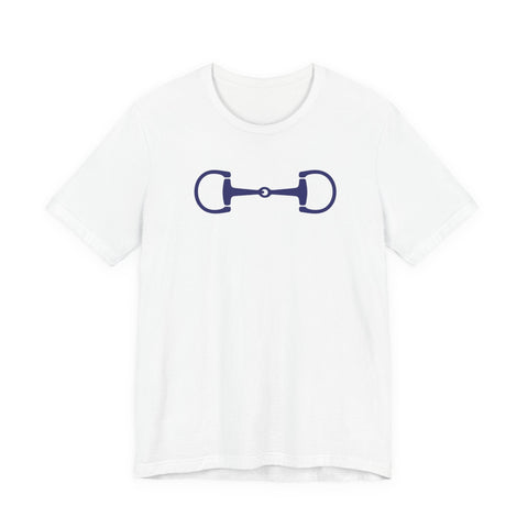 Stylish Equestrian White T-shirt with navy blue horse bit graphic on front, casual cotton tee with ribbed collar and side seams.