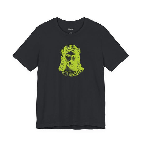 Black Christian graphic t-shirt with bold lime green Jesus face print on front