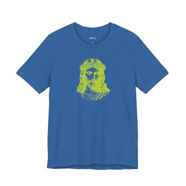 Blue Christian graphic tee with lime green Jesus face print and crew neck