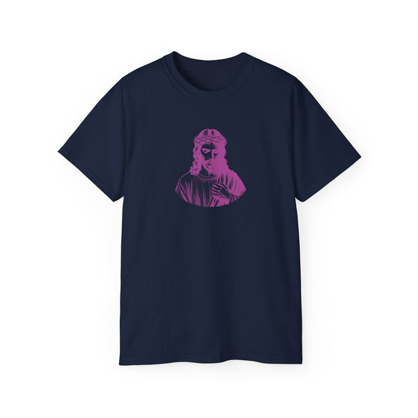 Navy Jesus T-shirt with magenta graphic print, mid-scale design, sustainable cotton, ribbed collar, and shoulder tape for durability.