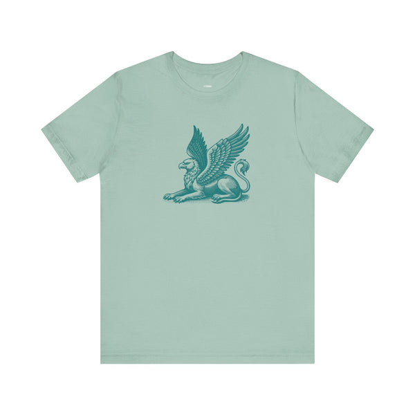 Light green Gryphon t shirt with a detailed mythical winged beast graphic on the front, made of soft cotton for comfortable streetwear style.