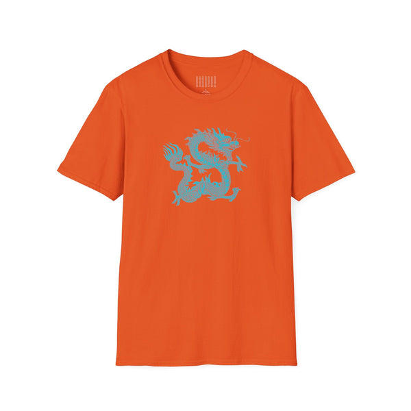 orange t shirt with turquoise dragon graphic design mythical dragon t shirt unisex cotton tee