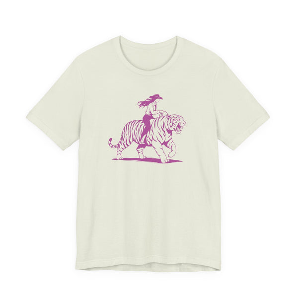 Cowgirl riding tiger neon magenta graphic print on white unisex cotton tee