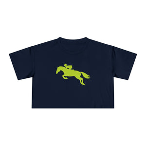 Navy women's crop tee with bright green horse and jumper equestrian silhouette design