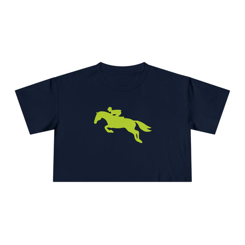 Navy women's crop tee with bright green horse and jumper equestrian silhouette design