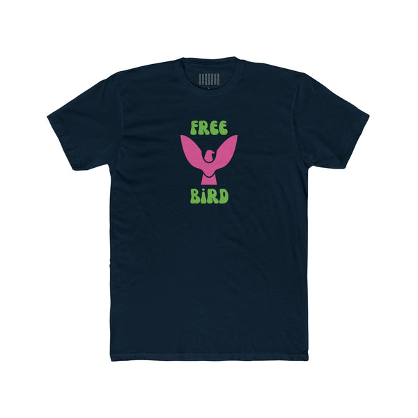 Navy blue Free Bird graphic tee with neon pink bird and retro green lettering, 100% cotton unisex t-shirt