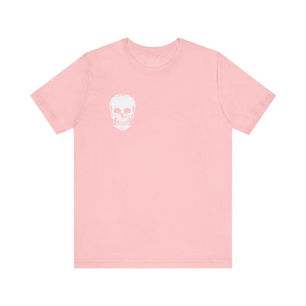 Pink skull graphic t-shirt with mini white skull print on front left chest, made of 100% cotton.