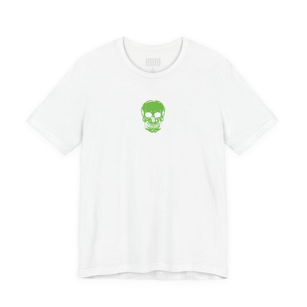 White urban streetwear t-shirt with a centered small green skull graphic print