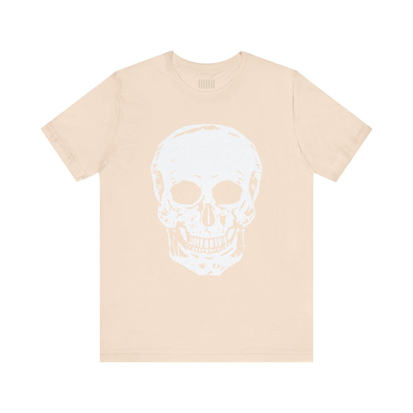 Beige t-shirt with a large white skull graphic on the front from the Fugitive Collection by Sandra Oles.