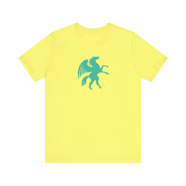 Yellow t-shirt with turquoise Pegasus graphic, cool graphic t shirts design