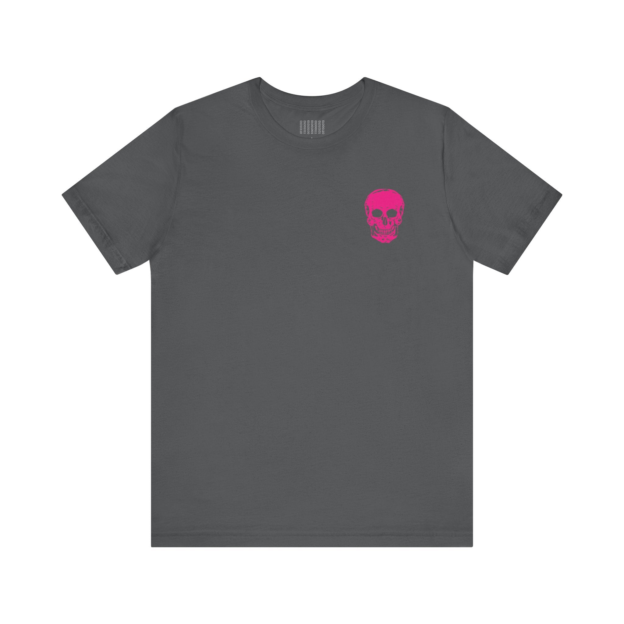 Gray punk rock tee with mini hot pink skull on front chest and large skull graphic on back