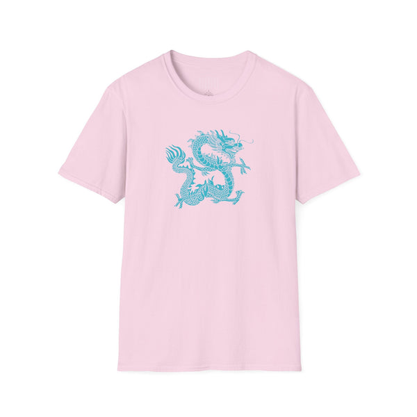 pink t shirt with turquoise dragon graphic print mythical design dragon t shirt