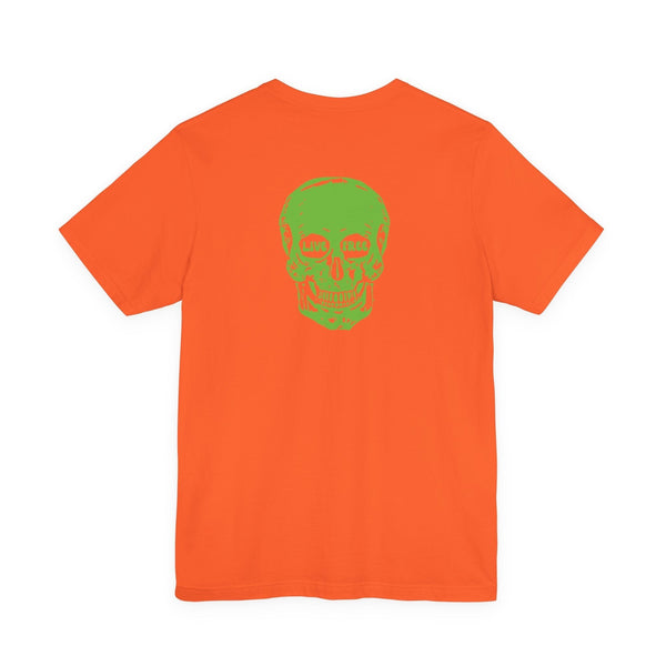 Orange t-shirt with bold green skull "Live Free" graphic on the back, streetwear style tee.