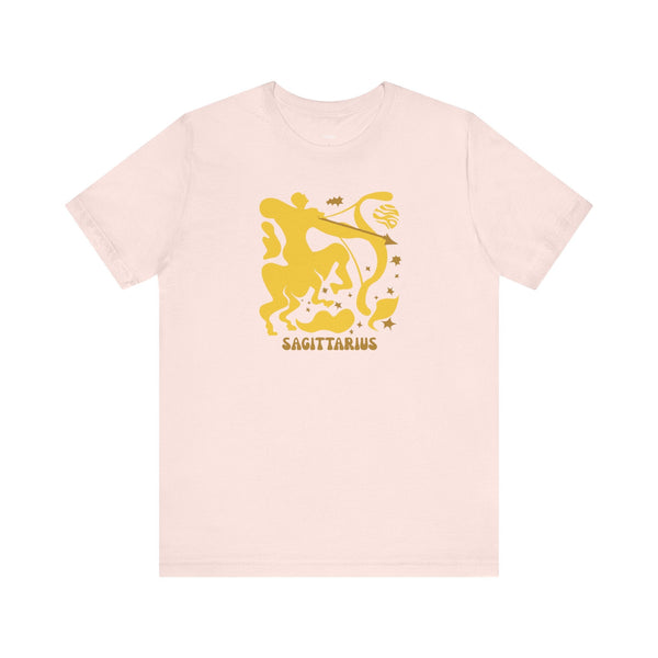 Sagittarius Zodiac graphic tee with mustard-yellow centaur archer design on light pink background