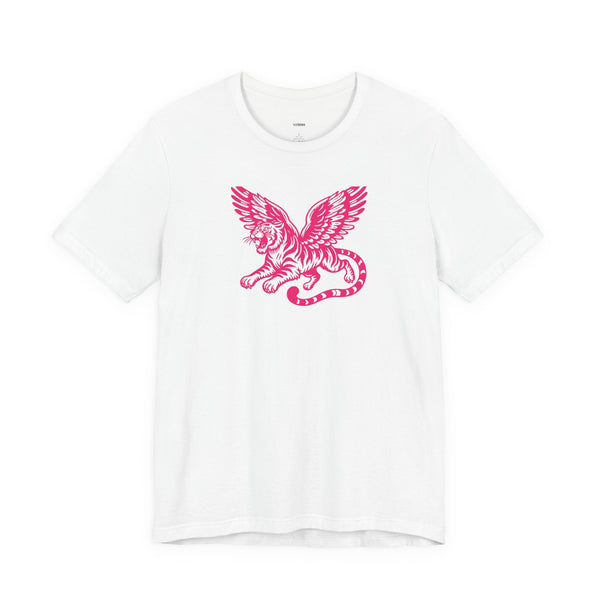 White mythical t shirt featuring a bold pink winged lion graphic for streetwear style
