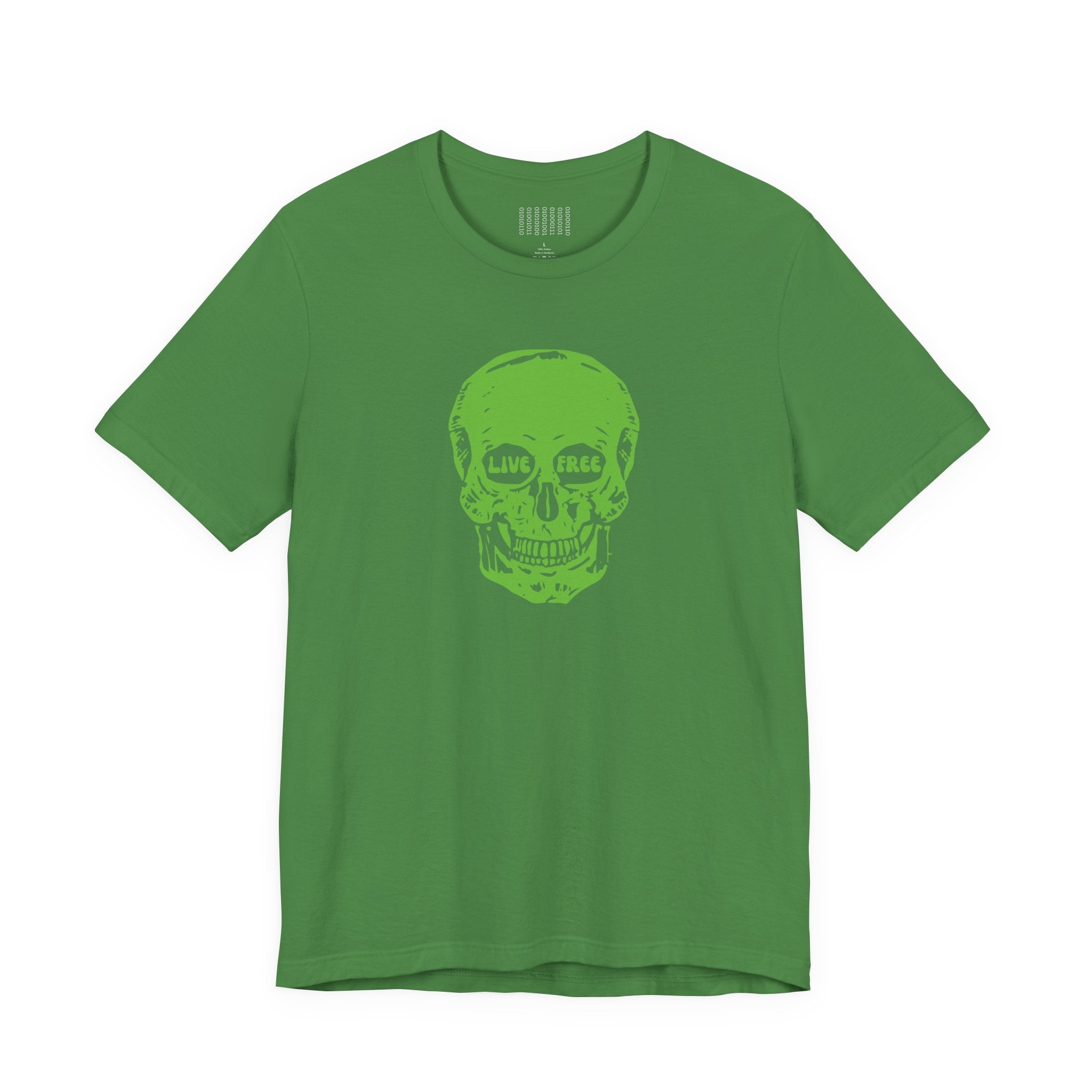 Green graphic tee with Live Free skull print in front, short sleeves, ribbed collar, made of soft breathable cotton