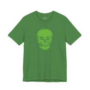 Green graphic tee with Live Free skull print in front, short sleeves, ribbed collar, made of soft breathable cotton