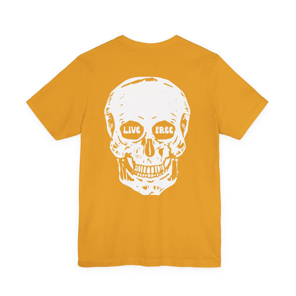Mustard yellow streetwear tee with large white "Live Free" skull graphic on the back.