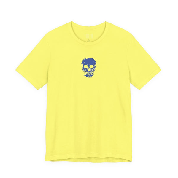 yellow graphic t shirt with blue mini skull design on front center below collar