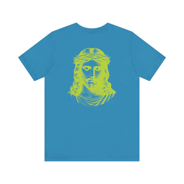 Blue t-shirt with lime green jumbo Jesus back print portrait and lime green mini Jesus front left graphic