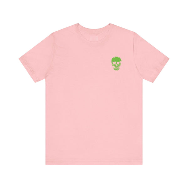 Pink unisex streetwear t shirt with small green skull graphic on chest
