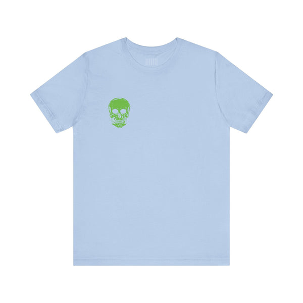 Green Jumbo Skull Back Print with Green Mini Skull Left Front Graphic Tee - Fugitive by Sandra Oles
