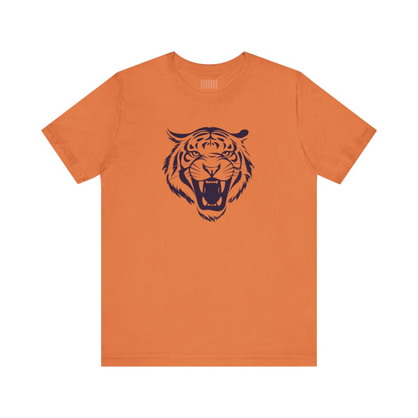 Orange tee with navy blue roaring tiger head graphic front print, retro style, unisex cotton t-shirt