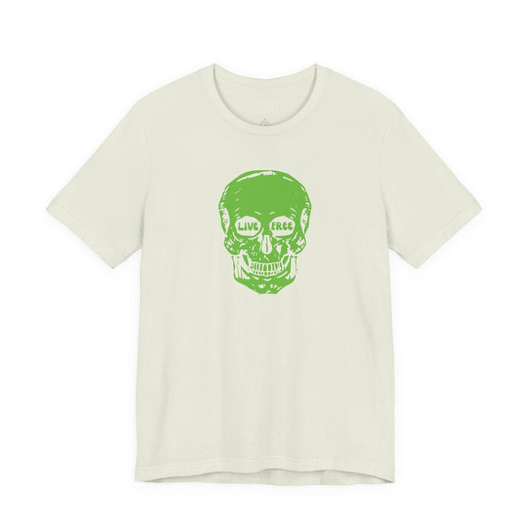 white tee with green skull print and live free text skull print t-shirt