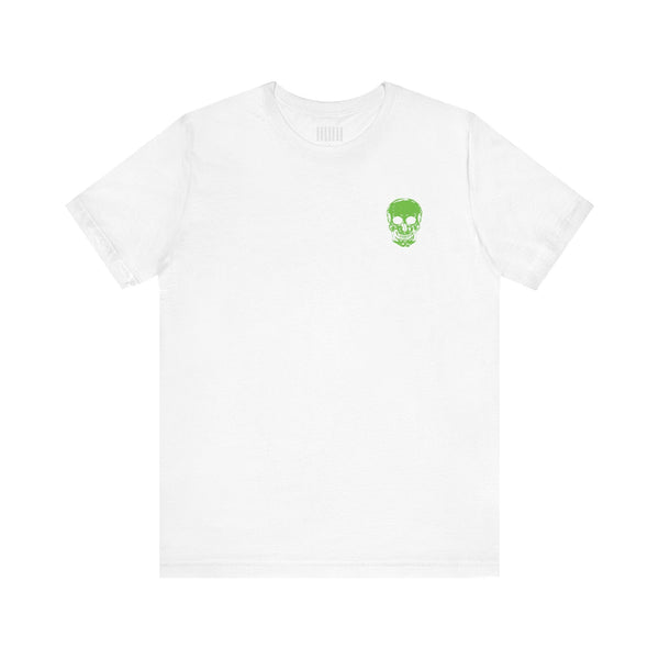 White unisex streetwear t-shirt with small green skull graphic on chest
