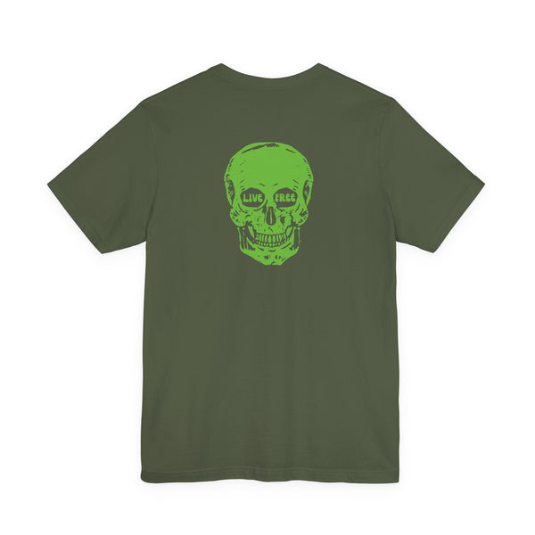 Green skull print with "Live Free" text on back of olive green streetwear t-shirt