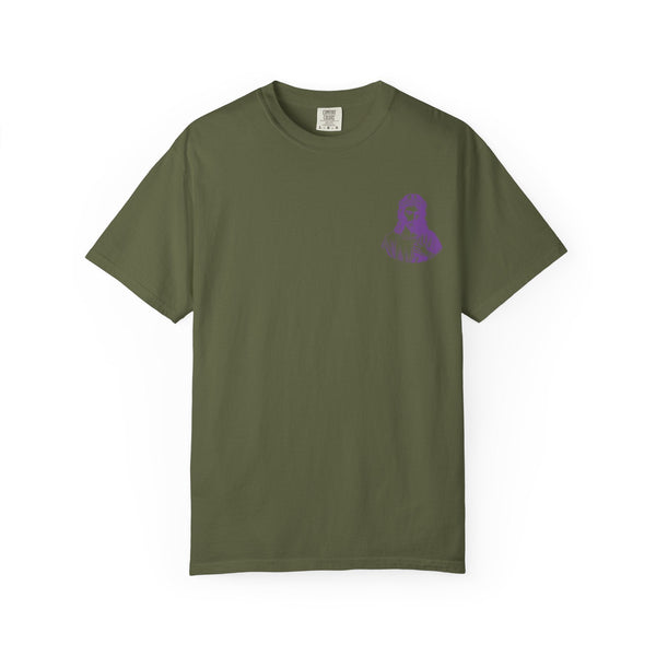 olive green unisex Christian streetwear tee with small purple Jesus graphic on left chest