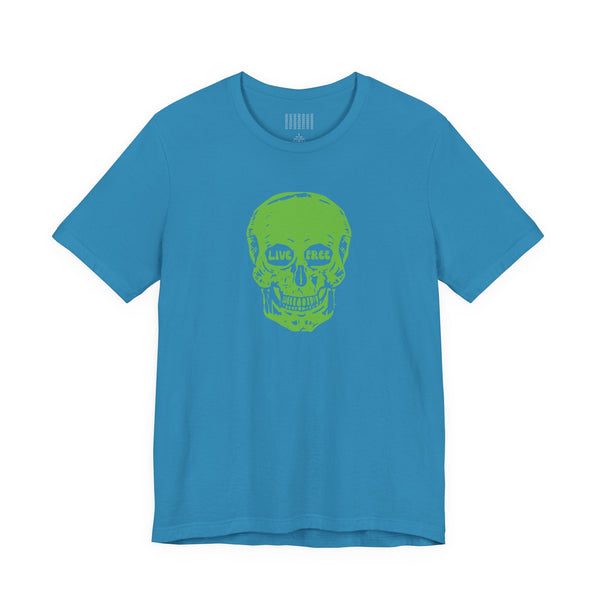 Blue skull print t-shirt with green Live Free graphic, soft cotton, casual wear