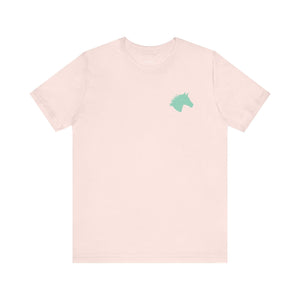 Light pink t-shirt with aqua mini horse head graphic on left chest, made from soft 100% cotton.