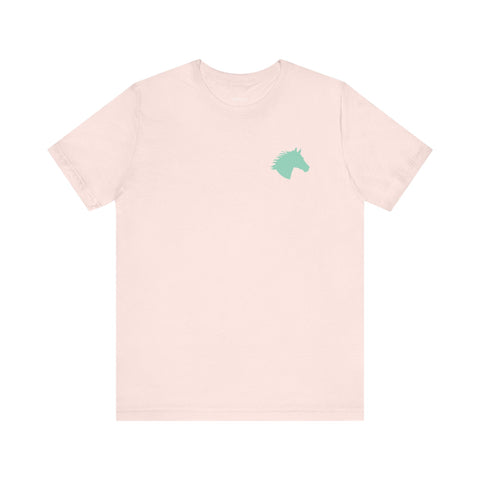 Light pink t-shirt with aqua mini horse head graphic on left chest, made from soft 100% cotton.