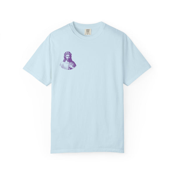 Purple Jumbo Jesus Back Print Tee with Purple Mini Jesus Front Left Graphic Tee - Iconic by Sandra Oles