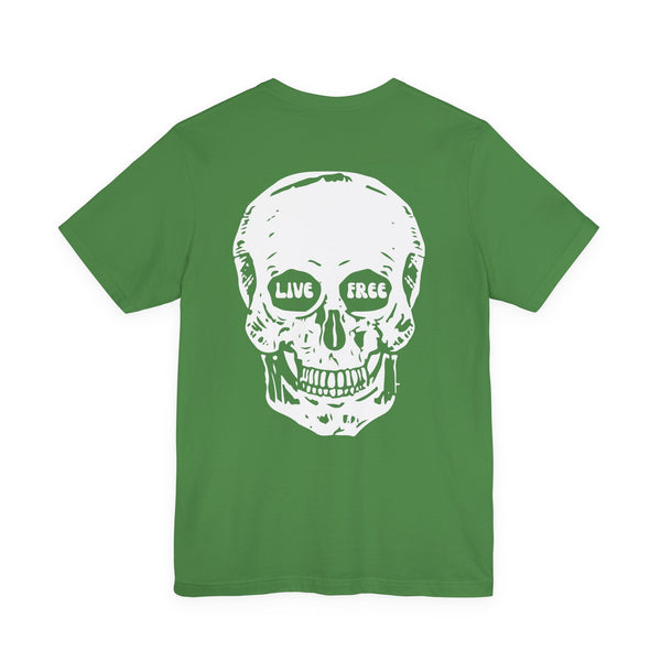 Green streetwear tee with large white skull graphic on back featuring "Live Free" text in eye sockets.