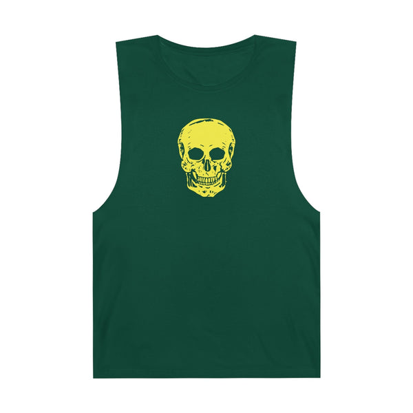 Green tank top with bold yellow skull graphic for festival streetwear style