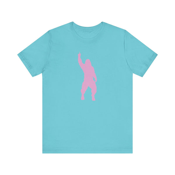 Light blue bigfoot t shirt with a cheeky pink Sasquatch silhouette graphic in mid-strut pose.